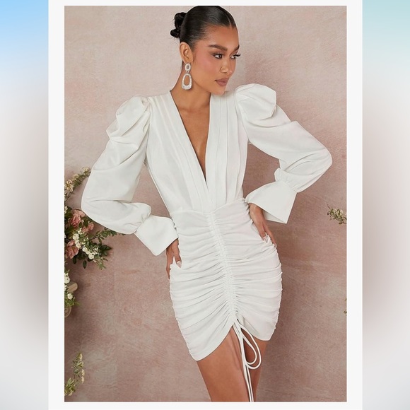 Amazon Dresses & Skirts - Ruched Short Mini Dress Long Sleeve Puff Sleeve Pleated Drawstring Dress